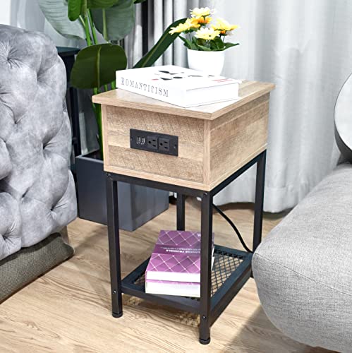 Nightstand with Charging Station USB Outlet, Narrow End Table with Storage Open Shelf, Couch Side Table Slide Top, Wood & Metal Modern Nightstand with Drawer for Bedroom Living Room Dorm, Light Brown