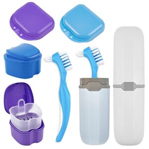 jutieuo 8pcs denture case kit, 2 denture bath case cups, 2 dual-headed denture toothbrushes, 2 portable brush boxes, 2 retainer holder boxes, dentures holder for travel retainer cleaning (blue)