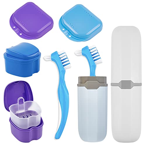 Jutieuo 8Pcs Denture Case Kit, 2 Denture Bath Case Cups, 2 Dual-Headed Denture Toothbrushes, 2 Portable Brush Boxes, 2 Retainer Holder Boxes, Dentures Holder for Travel Retainer Cleaning (Blue)