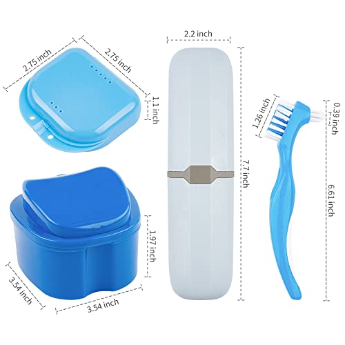 Jutieuo 8Pcs Denture Case Kit, 2 Denture Bath Case Cups, 2 Dual-Headed Denture Toothbrushes, 2 Portable Brush Boxes, 2 Retainer Holder Boxes, Dentures Holder for Travel Retainer Cleaning (Blue)