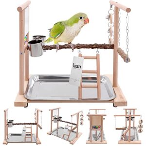 bird playground parrot play stand, bird play pen gym for parakeets cockatiels conures budgies, natural wood bird playstand with perches feeder cups tray swing ladder bells mirror toys