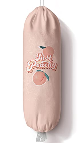 Cute Grocery Plastic Bag Holder Just Peachy Quote Fruit Grocery Trash Bag Storage Dispenser Hanging Bags Organizer for Kitchen Peach Decorative Pink 23"x9"Large