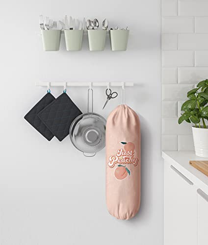 Cute Grocery Plastic Bag Holder Just Peachy Quote Fruit Grocery Trash Bag Storage Dispenser Hanging Bags Organizer for Kitchen Peach Decorative Pink 23"x9"Large