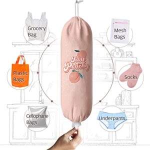 Cute Grocery Plastic Bag Holder Just Peachy Quote Fruit Grocery Trash Bag Storage Dispenser Hanging Bags Organizer for Kitchen Peach Decorative Pink 23"x9"Large