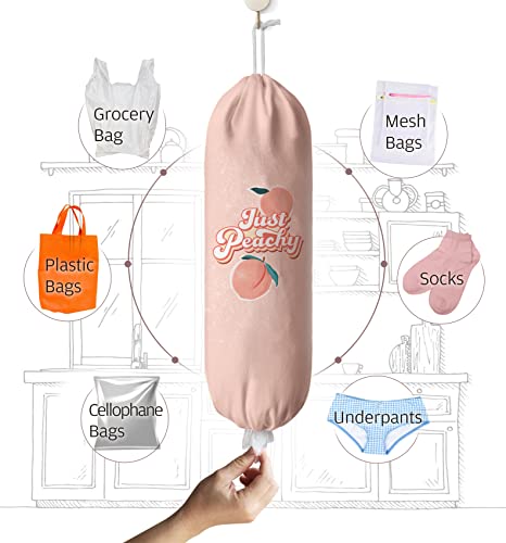 Cute Grocery Plastic Bag Holder Just Peachy Quote Fruit Grocery Trash Bag Storage Dispenser Hanging Bags Organizer for Kitchen Peach Decorative Pink 23"x9"Large