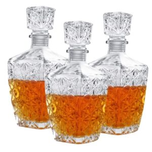 cadamada glasses decanter,26 oz diamond pattern wine bottle with lid,delicate decanter set-for tequila, brandy, scotch and vodka, gift giving, bar and party decoration (3pcs)