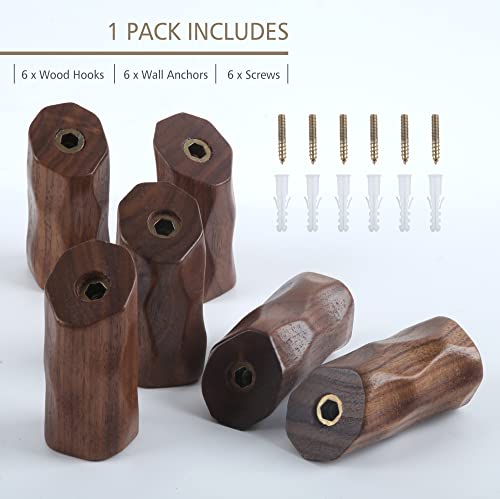 GRAPMKTG 6 Pack Wood Wall Hooks Coat Hooks Wall Mounted Wooden Hooks Heavy Duty Robe Hook Hat Rack Backpack Hooks for Baseball Caps Hanging Bathroom Towels Clothes Hanger Black Walnut