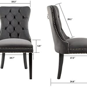 BEEY Velvet Upholstered Dining Chair Set of 4 Dark Grey Modern Tufted Accent Chairs with Nailhead Trim and Back Ring Pull,High Chair with Solid Wood Legs for Living Room Baronet Restaurant