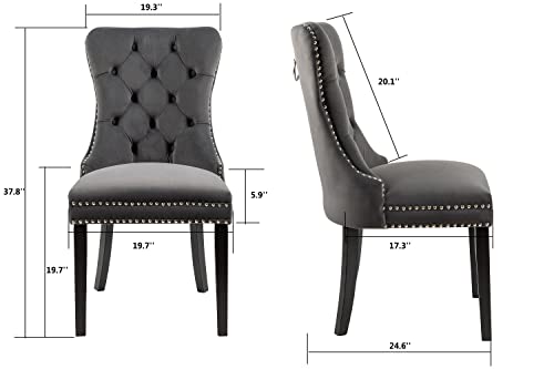 BEEY Velvet Upholstered Dining Chair Set of 4 Dark Grey Modern Tufted Accent Chairs with Nailhead Trim and Back Ring Pull,High Chair with Solid Wood Legs for Living Room Baronet Restaurant