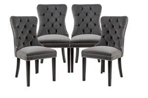 beey velvet upholstered dining chair set of 4 dark grey modern tufted accent chairs with nailhead trim and back ring pull,high chair with solid wood legs for living room baronet restaurant