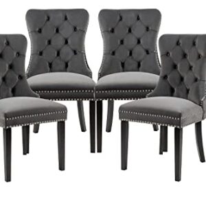 BEEY Velvet Upholstered Dining Chair Set of 4 Dark Grey Modern Tufted Accent Chairs with Nailhead Trim and Back Ring Pull,High Chair with Solid Wood Legs for Living Room Baronet Restaurant