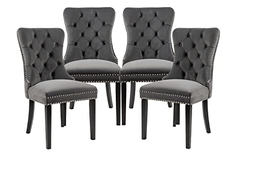 BEEY Velvet Upholstered Dining Chair Set of 4 Dark Grey Modern Tufted Accent Chairs with Nailhead Trim and Back Ring Pull,High Chair with Solid Wood Legs for Living Room Baronet Restaurant