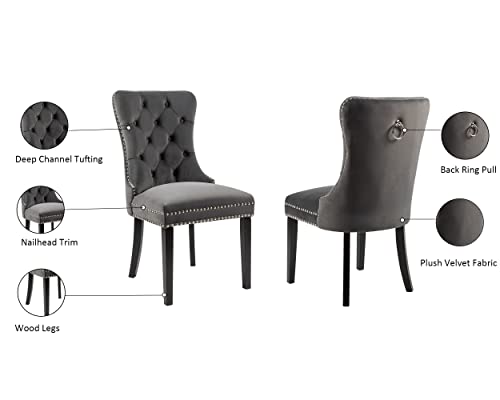 BEEY Velvet Upholstered Dining Chair Set of 4 Dark Grey Modern Tufted Accent Chairs with Nailhead Trim and Back Ring Pull,High Chair with Solid Wood Legs for Living Room Baronet Restaurant