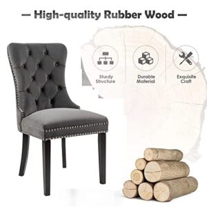 BEEY Velvet Upholstered Dining Chair Set of 4 Dark Grey Modern Tufted Accent Chairs with Nailhead Trim and Back Ring Pull,High Chair with Solid Wood Legs for Living Room Baronet Restaurant