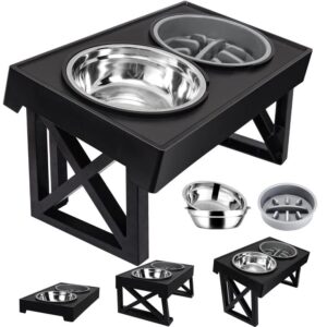 mdehopet elevated dog bowls for large dogs, 3 adjustable heights raised pet bowl stand feeder with slow feeder bowl 2 stainless steel food & water bowls for for small medium large dogs and pets