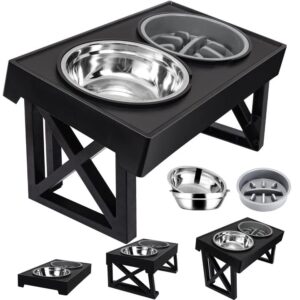 MDEHOPET Elevated Dog Bowls for Large Dogs, 3 Adjustable Heights Raised Pet Bowl Stand Feeder with Slow Feeder Bowl 2 Stainless Steel Food & Water Bowls for for Small Medium Large Dogs and Pets