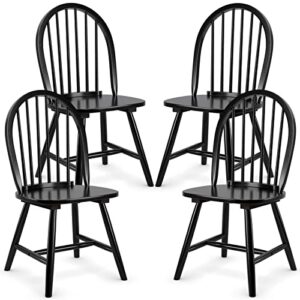 KOTEK Wood Dining Chairs Set of 4, Windsor Chairs with Spindle Back, Solid Wood Legs, Wide Seat, Farmhouse Armless Side Chairs for Living Room, Dining Room, Kitchen (Black)