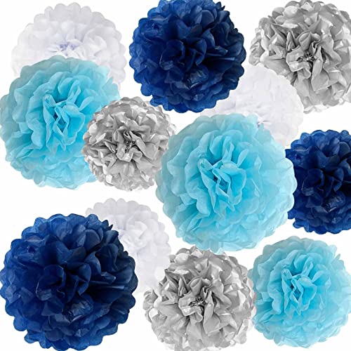 ANSOMO Blue and Silver Tissue Paper Pom Poms Party Decorations Navy Light Blue White Flowers Wall Hanging Décor Supplies Birthday Bridal Baby Shower Wedding Graduations12 Pcs