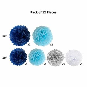 ANSOMO Blue and Silver Tissue Paper Pom Poms Party Decorations Navy Light Blue White Flowers Wall Hanging Décor Supplies Birthday Bridal Baby Shower Wedding Graduations12 Pcs