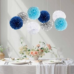 ANSOMO Blue and Silver Tissue Paper Pom Poms Party Decorations Navy Light Blue White Flowers Wall Hanging Décor Supplies Birthday Bridal Baby Shower Wedding Graduations12 Pcs