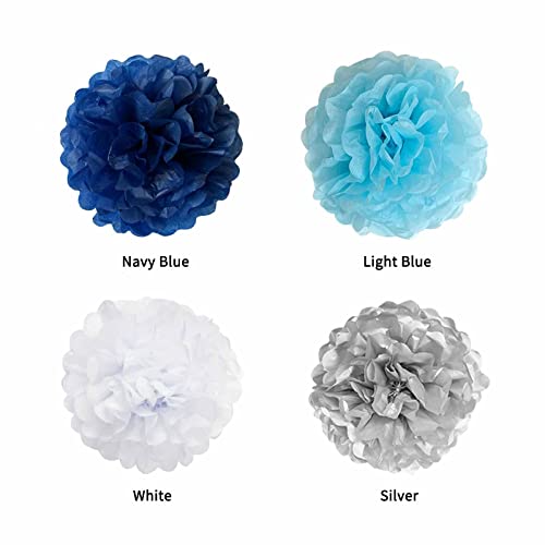 ANSOMO Blue and Silver Tissue Paper Pom Poms Party Decorations Navy Light Blue White Flowers Wall Hanging Décor Supplies Birthday Bridal Baby Shower Wedding Graduations12 Pcs