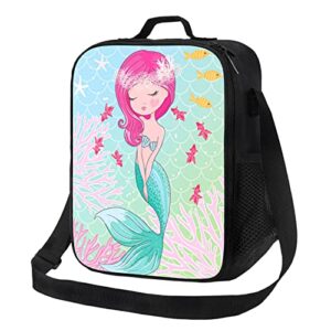 kids lunch box, insulated lunch bag for girls, pink mermaid cute lunch bag with shoulder strap, school bento lunch box for kids toddlers teens, small black reusable cooler thermal meal tote kit
