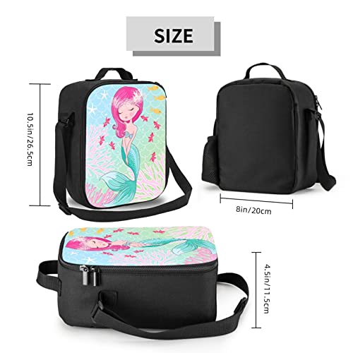 Kids Lunch Box, Insulated Lunch Bag for Girls, Pink Mermaid Cute Lunch Bag with Shoulder Strap, School Bento Lunch Box for Kids Toddlers Teens, Small Black Reusable Cooler Thermal Meal Tote Kit