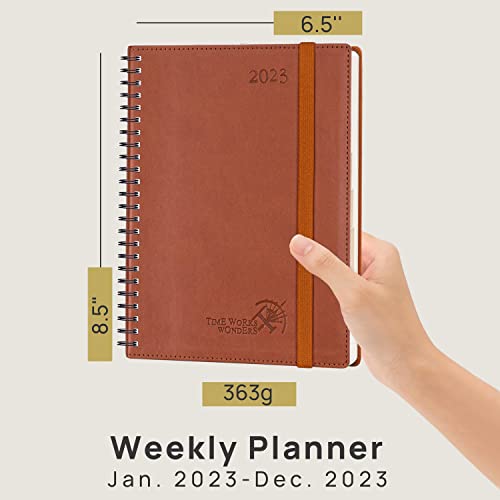 POPRUN 2023 Planner with Hourly Schedule & Vertical Weekly Layout - Agenda 2023 Weekly and Monthly 6.5" x 8.5", Monthly Expense & Notes, Inner Pocket, Vegan Leather Soft Cover - Brown