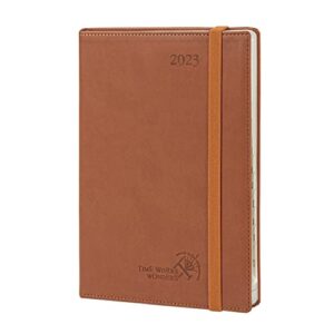 poprun 2023 planner weekly and monthly 6.5" x 8.5" - agenda 2023 with hourly time slots, monthly expense & notes, inner pocket, vegan leather soft cover - brown