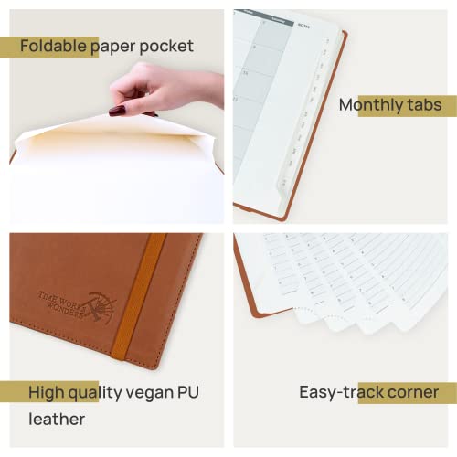 POPRUN 2023 Planner Weekly and Monthly 6.5" x 8.5" - Agenda 2023 with Hourly Time Slots, Monthly Expense & Notes, Inner Pocket, Vegan Leather Soft Cover - Brown