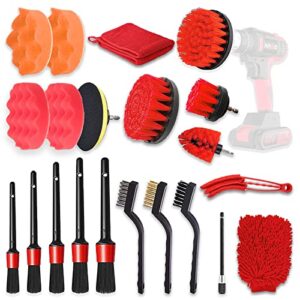 21pcs car detailing cleaning drill brush kit, car detailing brush set for cleaning wheels, interior, exterior, leather, dashboard, air vents, emblems (brushes, wash mitt, wax pads, wash towels)