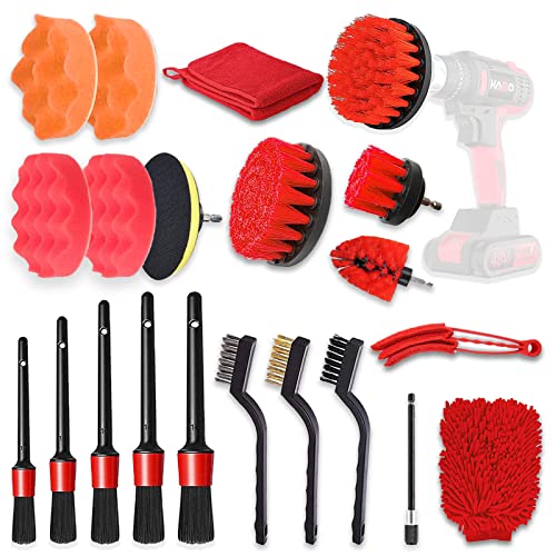 21PCS Car Detailing Cleaning Drill Brush Kit, Car Detailing Brush Set for Cleaning Wheels, Interior, Exterior, Leather, Dashboard, Air Vents, Emblems (Brushes, Wash Mitt, Wax Pads, Wash Towels)