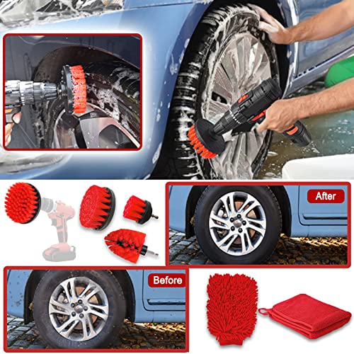 21PCS Car Detailing Cleaning Drill Brush Kit, Car Detailing Brush Set for Cleaning Wheels, Interior, Exterior, Leather, Dashboard, Air Vents, Emblems (Brushes, Wash Mitt, Wax Pads, Wash Towels)