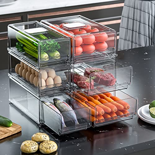 IJOLLEY Fridge Organizer, Pantry Organization and Storage, Refrigerator Organizer Bins, Stackable Pull-Out Drawer Containers for Kitchen Cabinet Closet Bathroom Office Cosmetic (Extra Large & Medium)