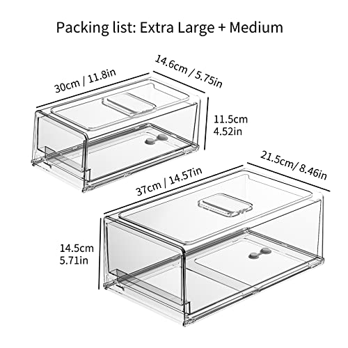 IJOLLEY Fridge Organizer, Pantry Organization and Storage, Refrigerator Organizer Bins, Stackable Pull-Out Drawer Containers for Kitchen Cabinet Closet Bathroom Office Cosmetic (Extra Large & Medium)