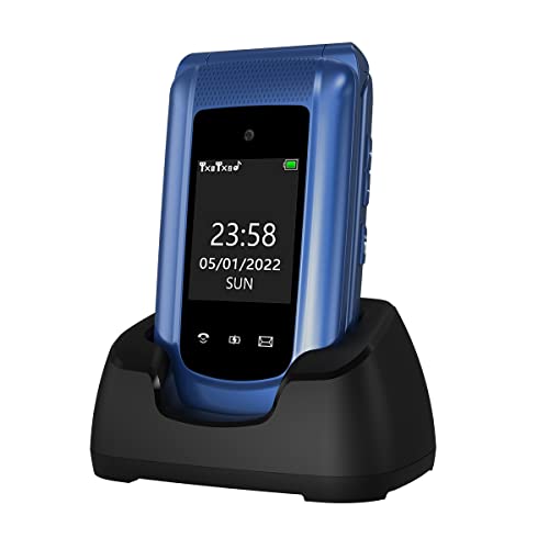 USHINING 4G LTE Unlocked Senior Flip Phone Dual Standby Seniors Cell Phone SOS Big Button Senior Basic Phone for Elderly 2.4 Inch Screen Unlocked Feature Cell Phone with Charging Dock (Blue)