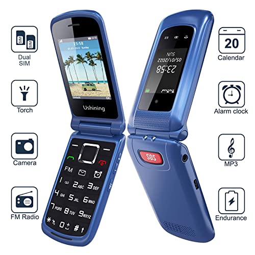 USHINING 4G LTE Unlocked Senior Flip Phone Dual Standby Seniors Cell Phone SOS Big Button Senior Basic Phone for Elderly 2.4 Inch Screen Unlocked Feature Cell Phone with Charging Dock (Blue)