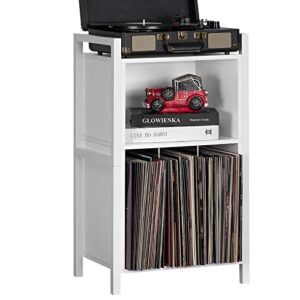 yaharbo white record player stand, 3-shelf vinyl record holder with storage, record stand, vintage turntable stand holds up to 100 albums, record table with handle for living room, bedroom, office