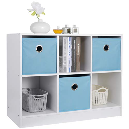 Nouva 3x2 Cubic Organizer 6 Cube Storage Bookcase Wooden Bookshelves Toy Organizers with 3 Non-Woven Bins for Bedroom Living Room, White&blue