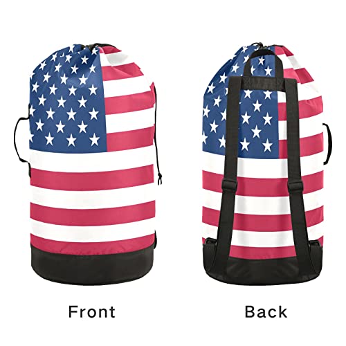 xigua Heavy Duty Laundry Backpack with Handle and Drawstring Closure, American Flag (2) Portable Storage Bag for Laundry Room, College Dorm, Travel