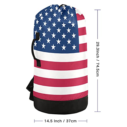 xigua Heavy Duty Laundry Backpack with Handle and Drawstring Closure, American Flag (2) Portable Storage Bag for Laundry Room, College Dorm, Travel