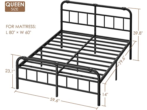 FSCHOS Queen-Bed-Frame-with-Headboard & Footboard, 14 Inch High, Metal Platform Bed-Frame-Queen-Size, Premium Steel Heavy Duty Bed Frame No Box Spring Needed, Easy Assembly, Black