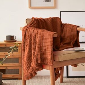 simple&opulence cotton muslin throw blanket for bed, couch, knit woven gauze blanket with tassels, soft lightweight cozy pre-washed breathable farmhouse decoration for all-season (rust orange)