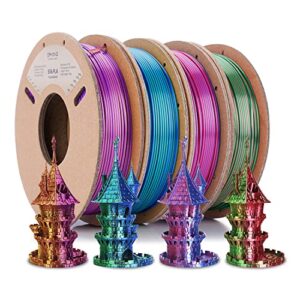 eryone silk dual color filament pla 3d printer 1.75mm +/-0.03 mm, silk coextrusion pla shiny filament 0.25kg/spools,4pack(2.2lbs), blue&green, red&green, red&blue, gold&purple