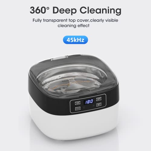 Ultrasonic Cleaner, 45khz Professional Ultrasonic Jewelry Cleaner Machine with 25oz(750ml) Stainless Steel Tank, 5 Time Setting, Degas Modes, for Cleaning Jewelry, Ring, Silver, Glasses, and Watches