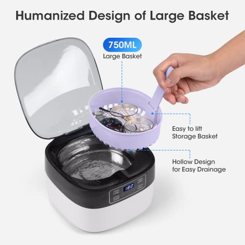 Ultrasonic Cleaner, 45khz Professional Ultrasonic Jewelry Cleaner Machine with 25oz(750ml) Stainless Steel Tank, 5 Time Setting, Degas Modes, for Cleaning Jewelry, Ring, Silver, Glasses, and Watches