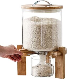 glass rice dispenser countertop, 5l/8l flour cereal grain dispenser container with wooden stand and measuring cup, rice food storage container dispenser for kitchen and pantry store with airtight lid