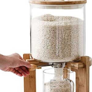 Glass Rice Dispenser Countertop, 5L/8L Flour Cereal Grain Dispenser Container with Wooden Stand and Measuring Cup, Rice Food Storage Container Dispenser for Kitchen and Pantry Store with Airtight Lid