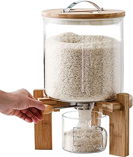 Glass Rice Dispenser Countertop, 5L/8L Flour Cereal Grain Dispenser Container with Wooden Stand and Measuring Cup, Rice Food Storage Container Dispenser for Kitchen and Pantry Store with Airtight Lid