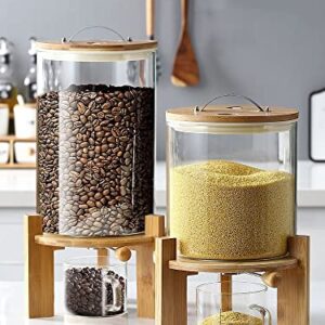 Glass Rice Dispenser Countertop, 5L/8L Flour Cereal Grain Dispenser Container with Wooden Stand and Measuring Cup, Rice Food Storage Container Dispenser for Kitchen and Pantry Store with Airtight Lid